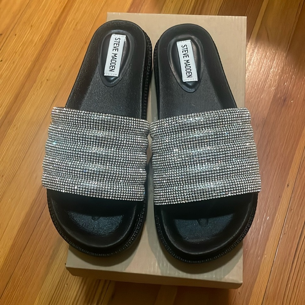 Steve Madden black blinged out platform slides